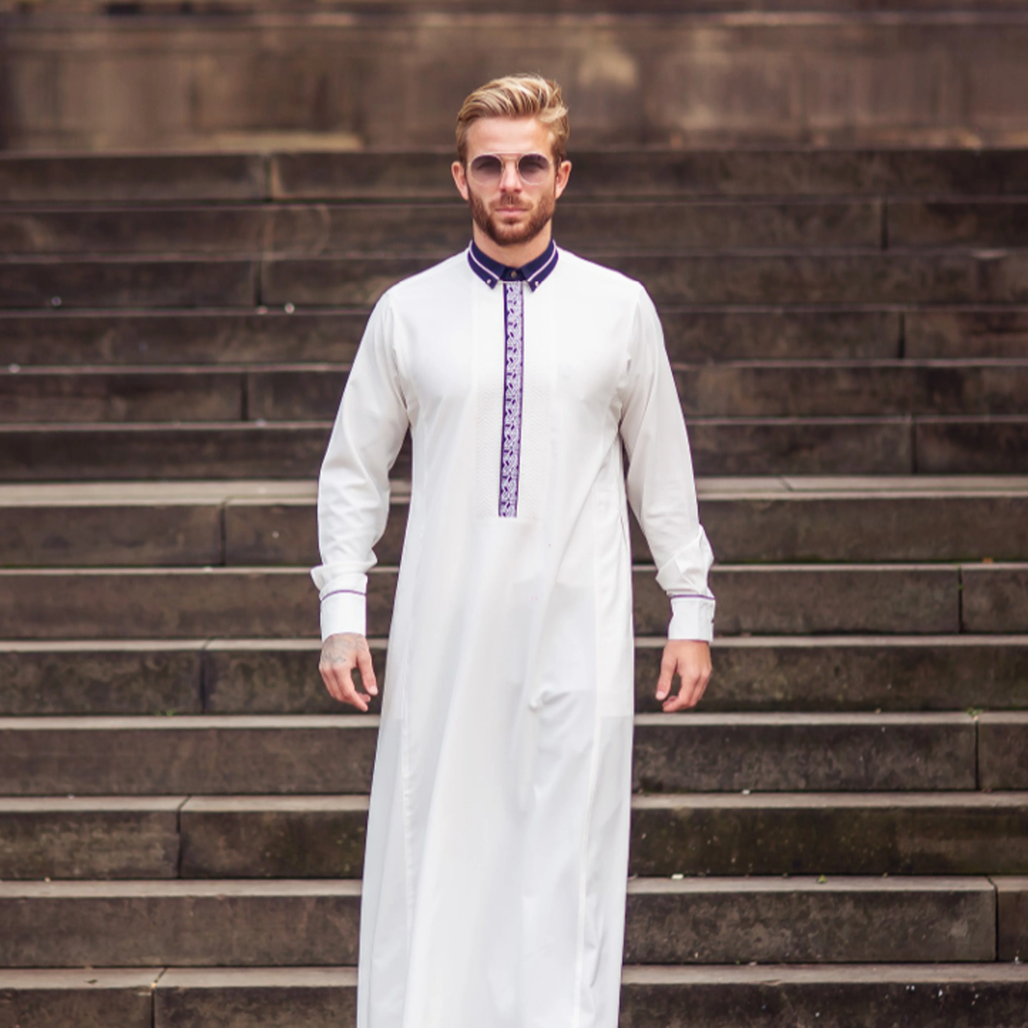 Luxury White Thobe & Jubba with Blue Neck Print – Al Ameer