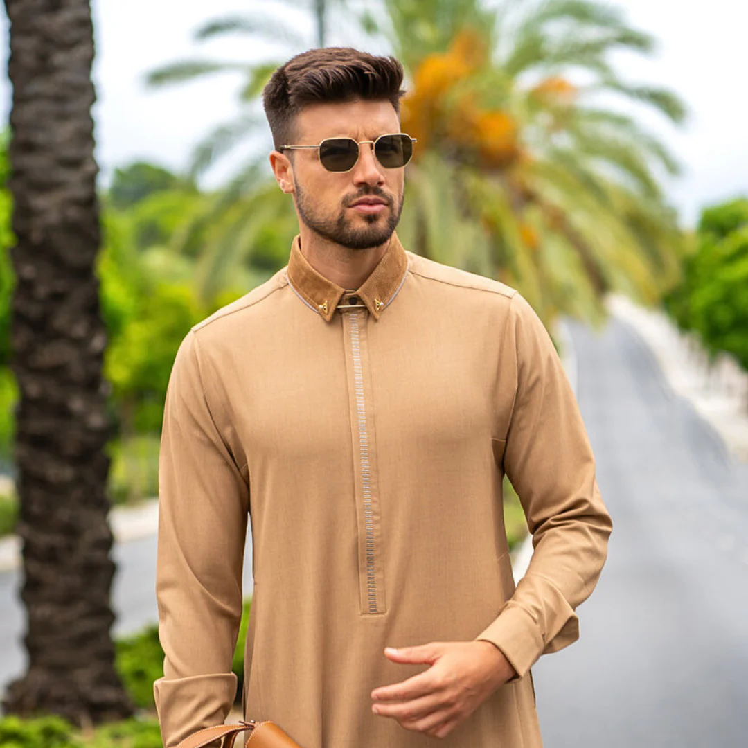 Luxury Beige Thobe & Jubba with Printed Cuffs – Al Ameer