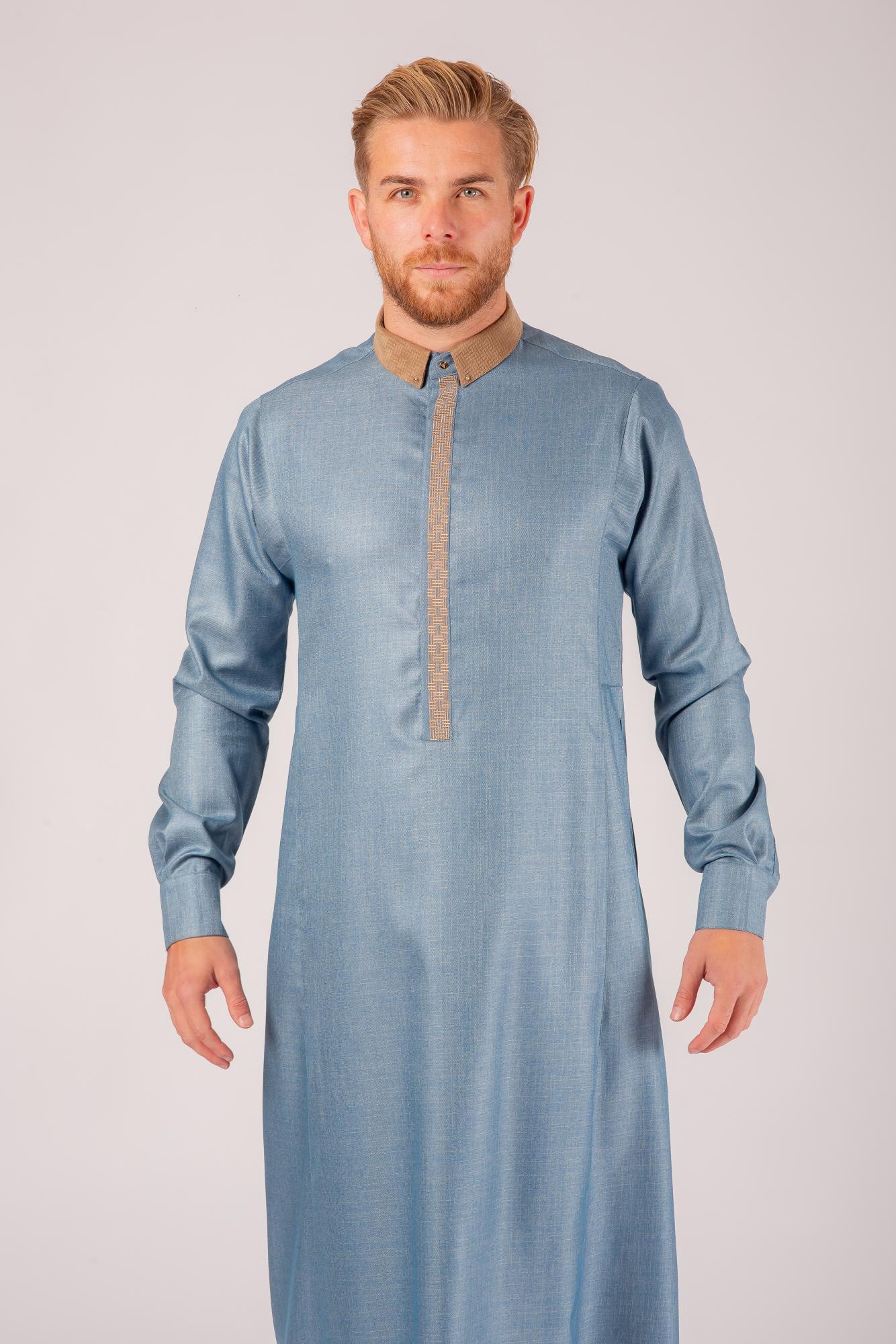 Luxury Blue Thobe & Jubba with Brown Collar – Al Ameer