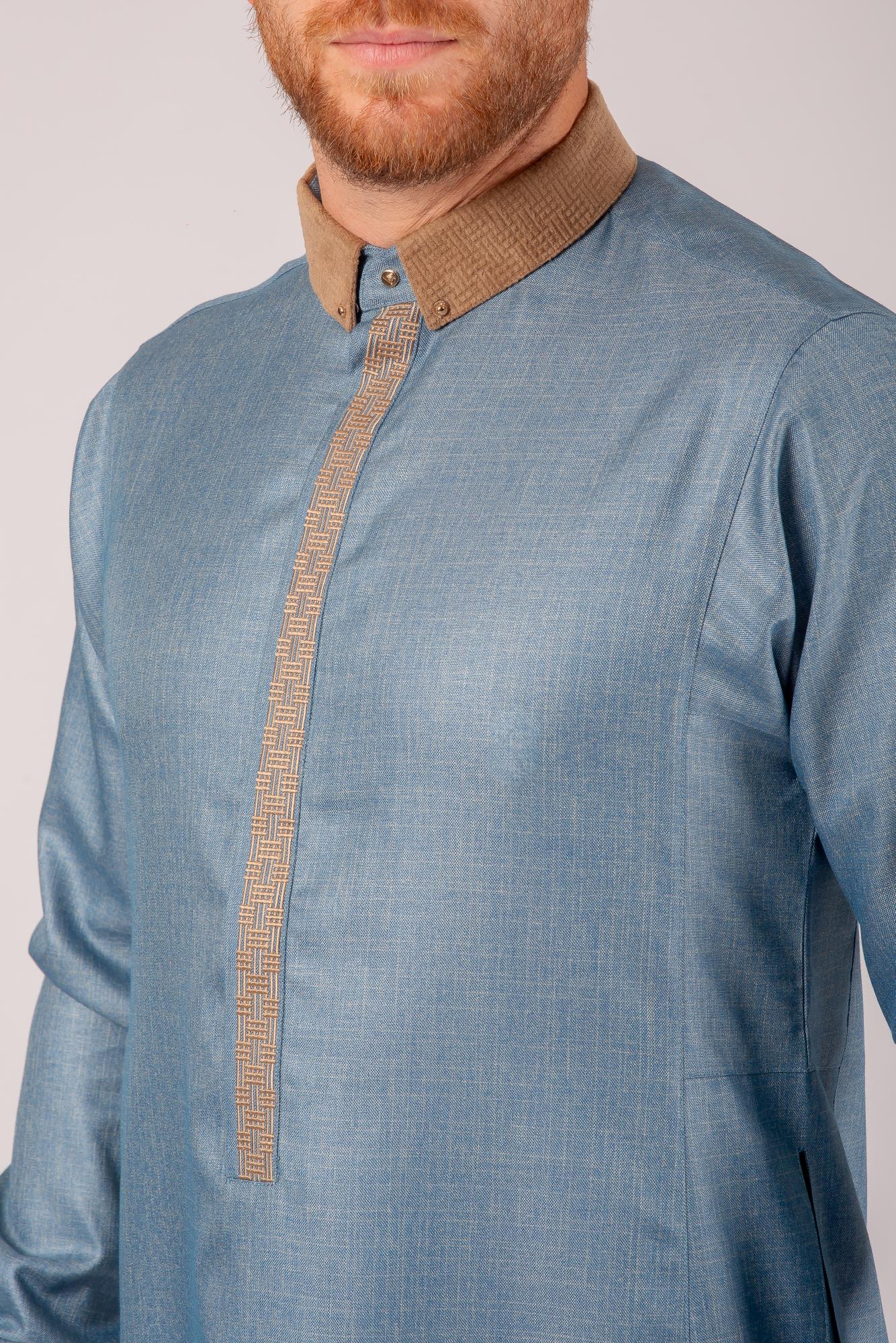 Luxury Blue Thobe & Jubba with Brown Collar – Al Ameer - Image 2