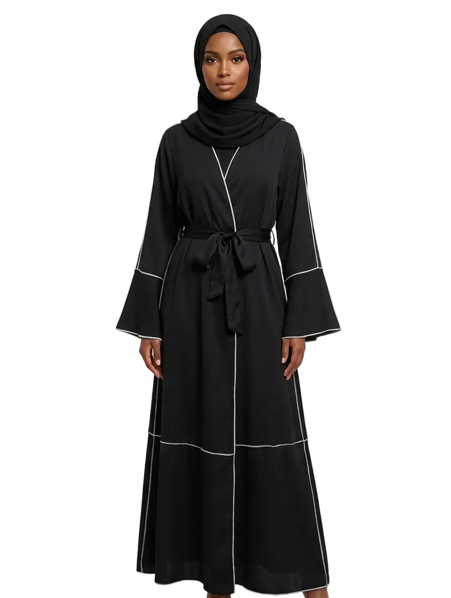 Arab Stitched Design Open Black Abaya - One Size