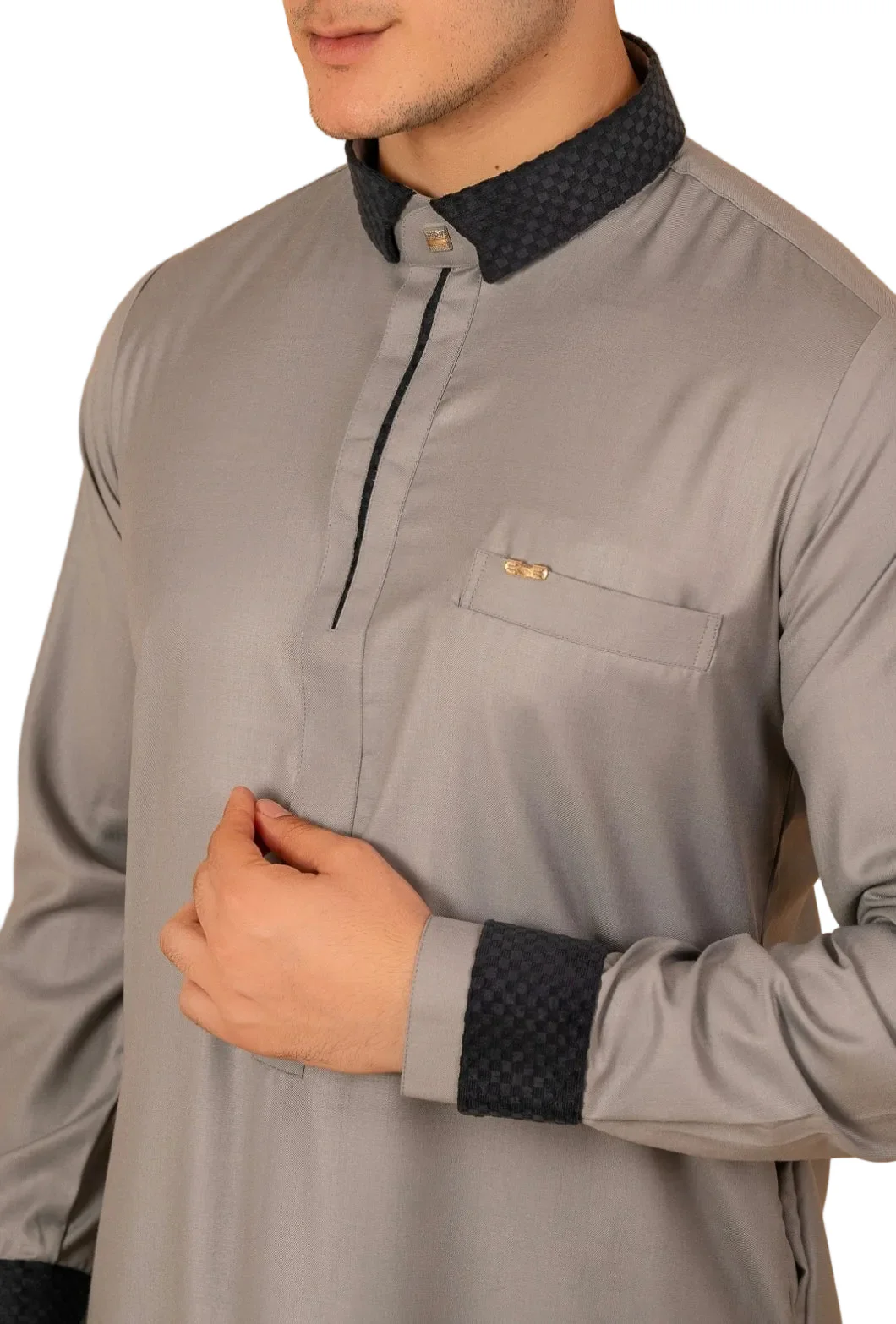 Designer Grey & Black Piping Jubba - Image 2