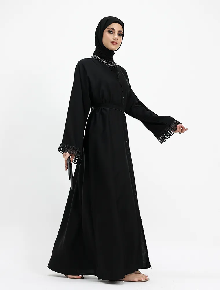 Embellished Luxury Buttoned Black Abaya (ZA569)