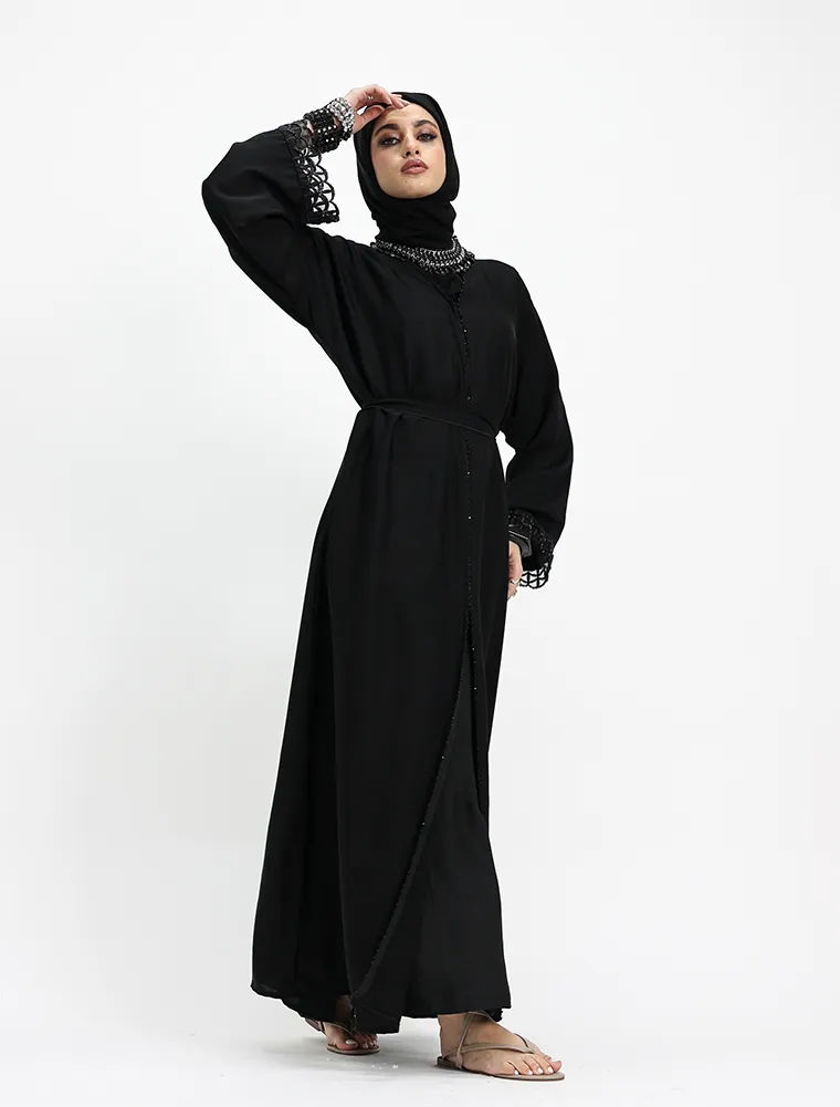 Embellished Luxury Buttoned Black Abaya (ZA569) - Image 2