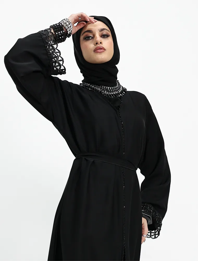 Embellished Luxury Buttoned Black Abaya (ZA569) - Image 3