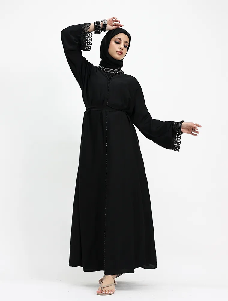 Embellished Luxury Buttoned Black Abaya (ZA569) - Image 4