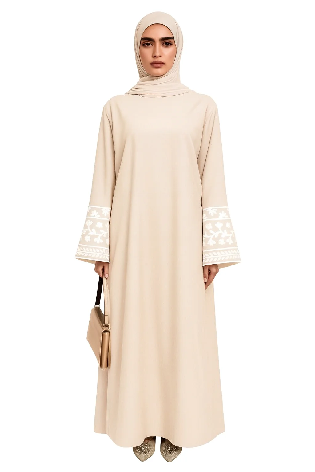 Embroidered Ornate Sleeve Open Abaya Beige