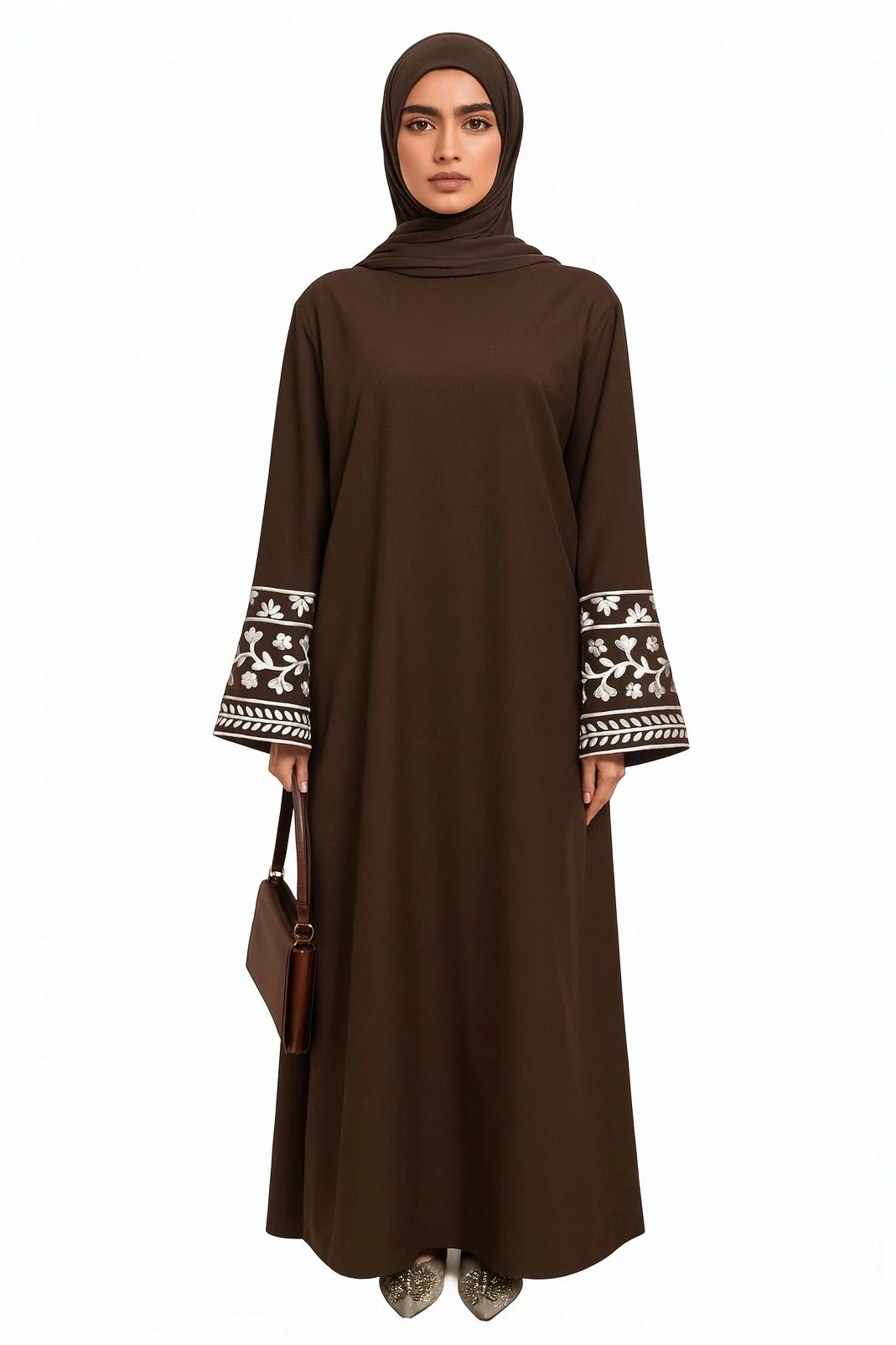 Embroidered Ornate Sleeve Abaya Brown