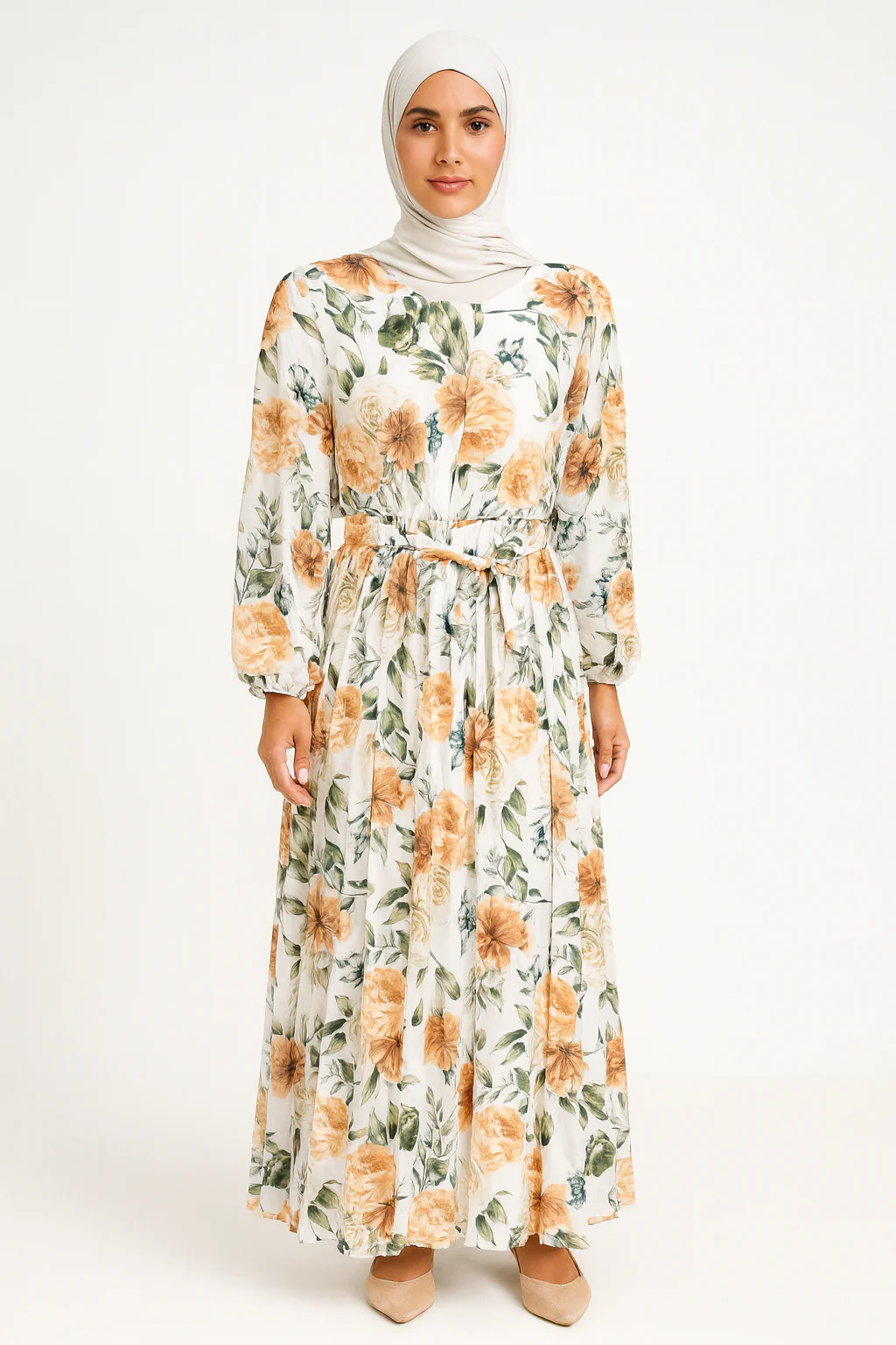 Floral Printed High Waist Abaya Dress with Cuffed Sleeve