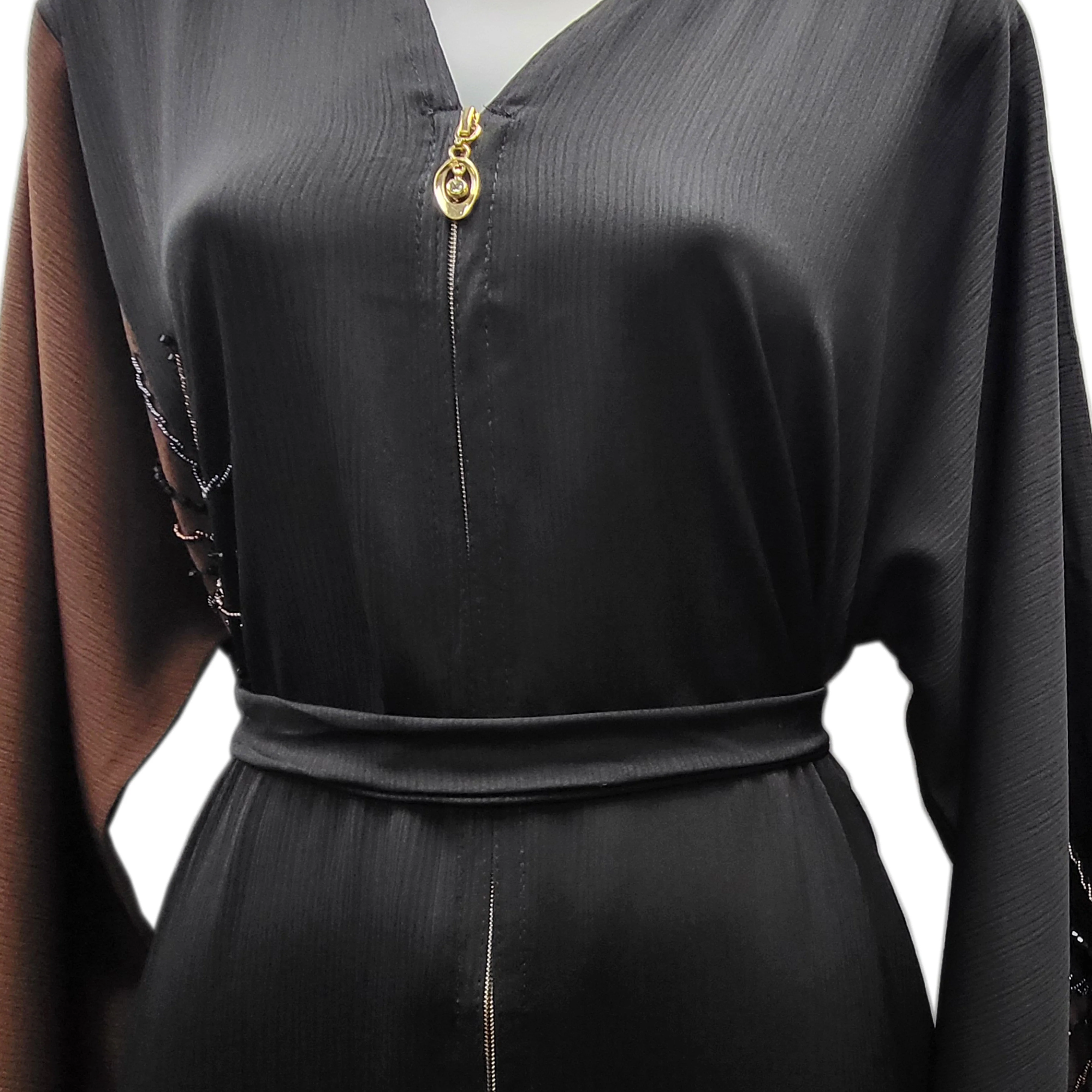 Full Zip Abaya Black/Brown - Image 2