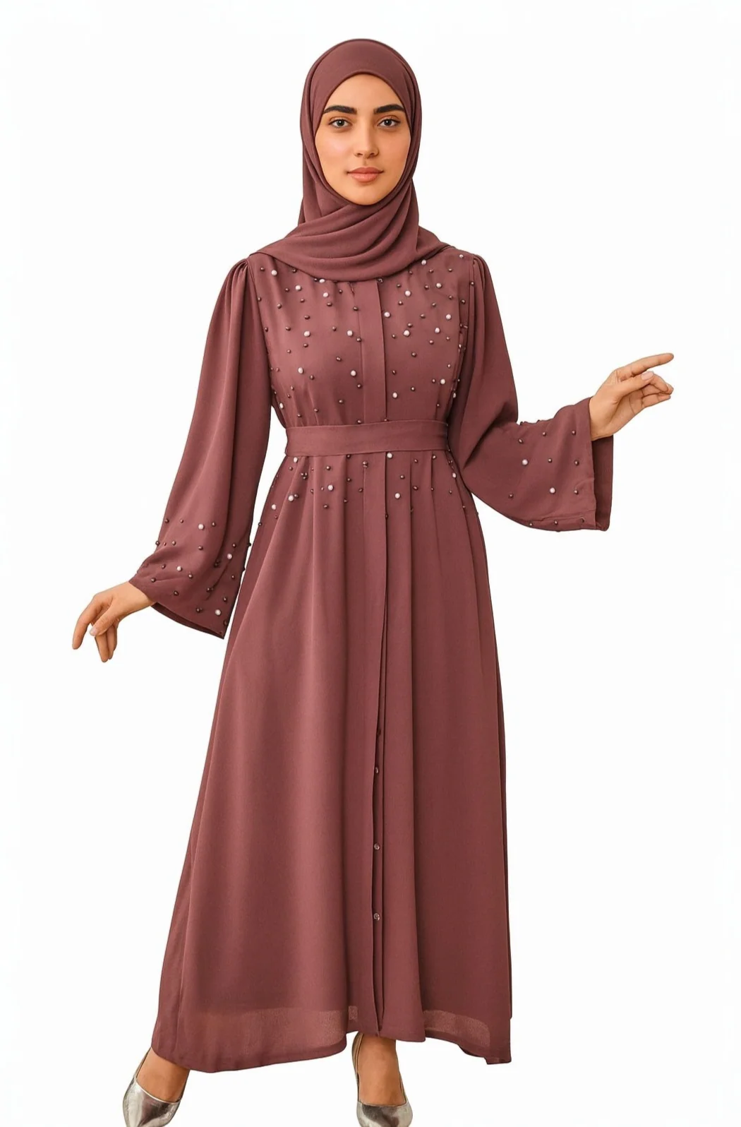 Pearl Buttoned Abaya Dress One Size - Image 3